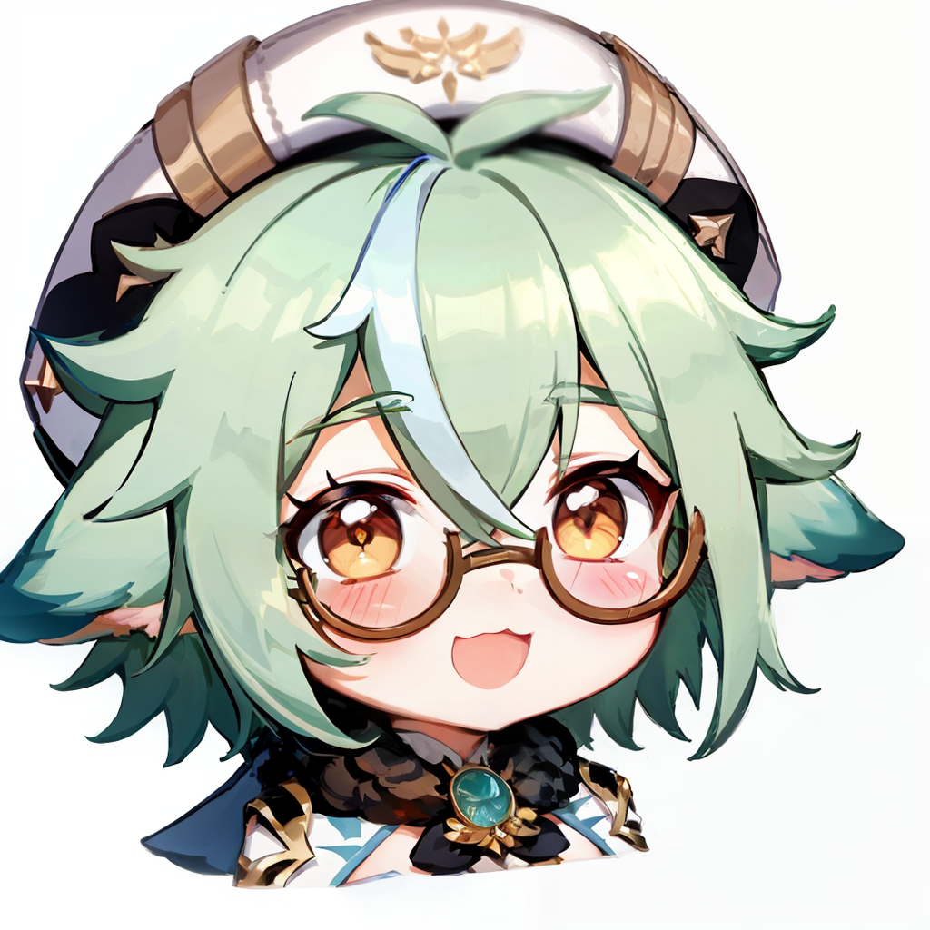 00815-11564982-masterpiece, best quality, _lora_sucrose_1_,1girl, solo, _d, hat, open mouth, green hair, glasses, orange eyes, blush stickers,.png